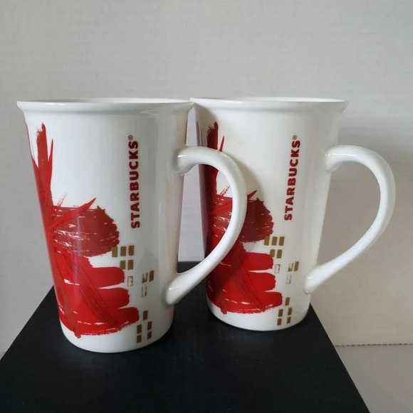 Starbucks set of 2 Red/Gold/White Abstract Christmas Holiday  12oz Coffee mugs. - Picture 2 of 6